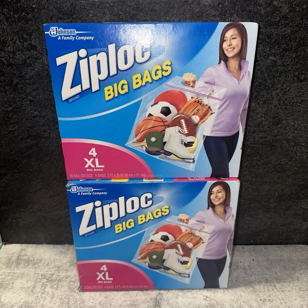2 Boxes Ziploc Brand Big Bags 4 XL Big Bags 10 Gallon Size BRAND NEW Sealed Box